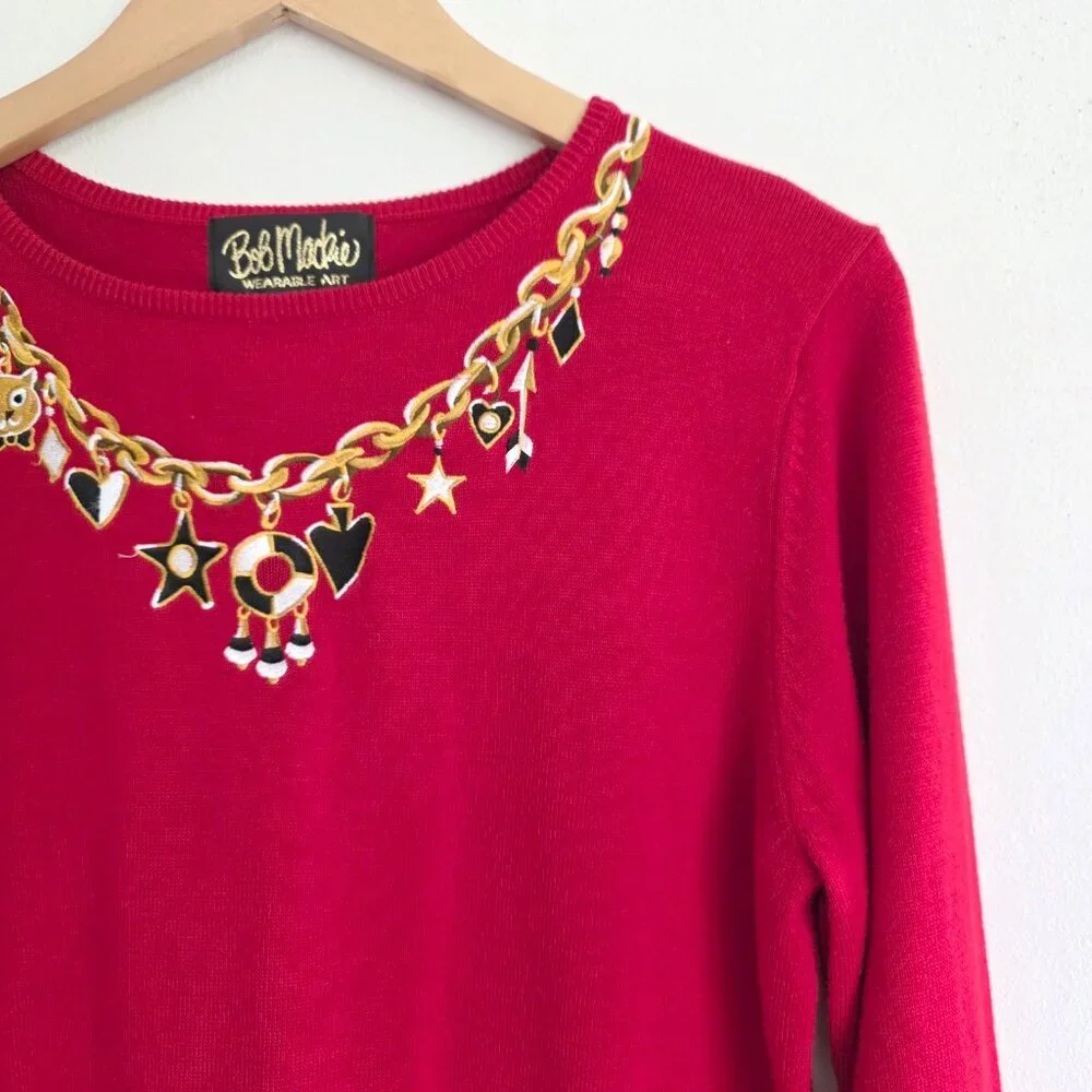 Bob Mackie Wearable Art Cat Charm Novelty Red, Gold & Black Sweater Cat Lover
